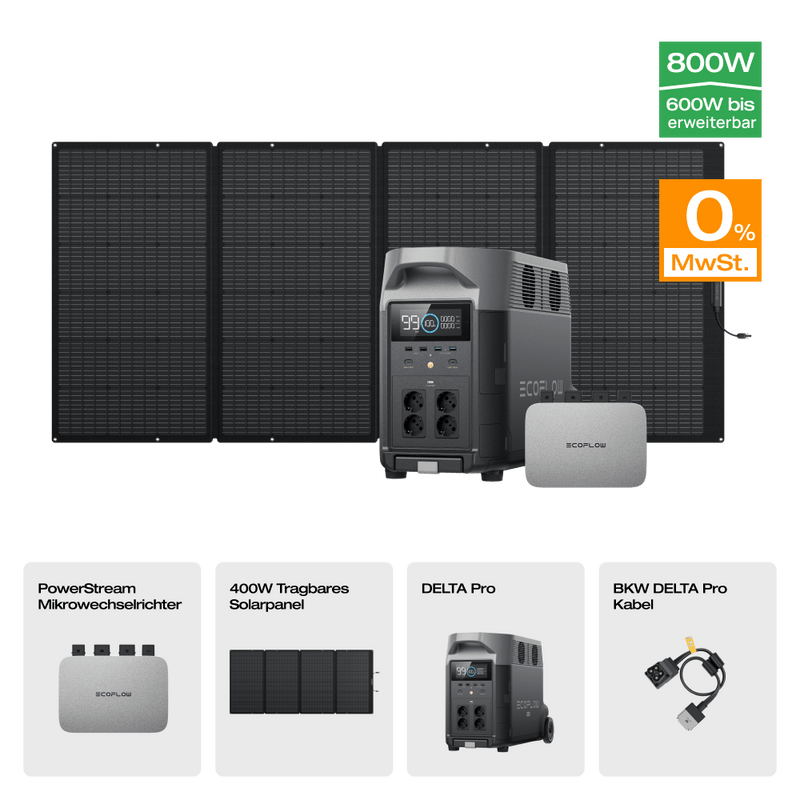 Laden Sie das Bild in Galerie -Viewer, {EcoFlow DELTA Pro Solargenerator (Tragbarer PV400W) PowerStream 600W + DELTA Pro (mit Batteriekabel) / 1 x 400W Tragbares Solarpanel / 0 % MwSt.
