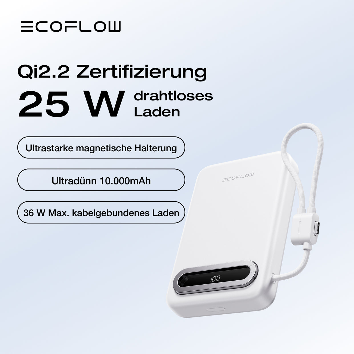EcoFlow RAPID Mag Qi2.2 Powerbank (10.000 mAh, 25 W, integriertes USB-C Kabel)