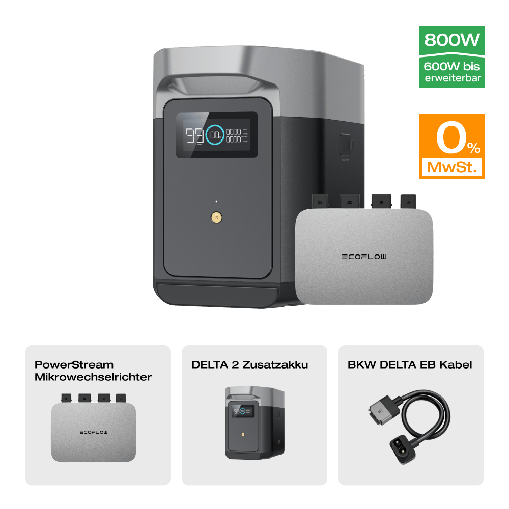 EcoFlow DELTA 2 Intelligenter Zusatzakku 0% MwSt. (Nur Deutschland) DELTA 2 Zusatzakku + PowerStream Mikrowechselrichter 600W (mit Batteriekabel)