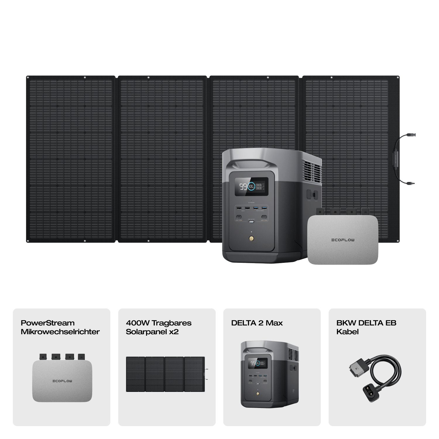 EcoFlow DELTA 2 Max Solargenerator (PV400W) PowerStream 600W + DELTA 2 Max (mit Batteriekabel) + 2 x 400W Tragbares Solarpanel x 2 / 19 % MwSt.