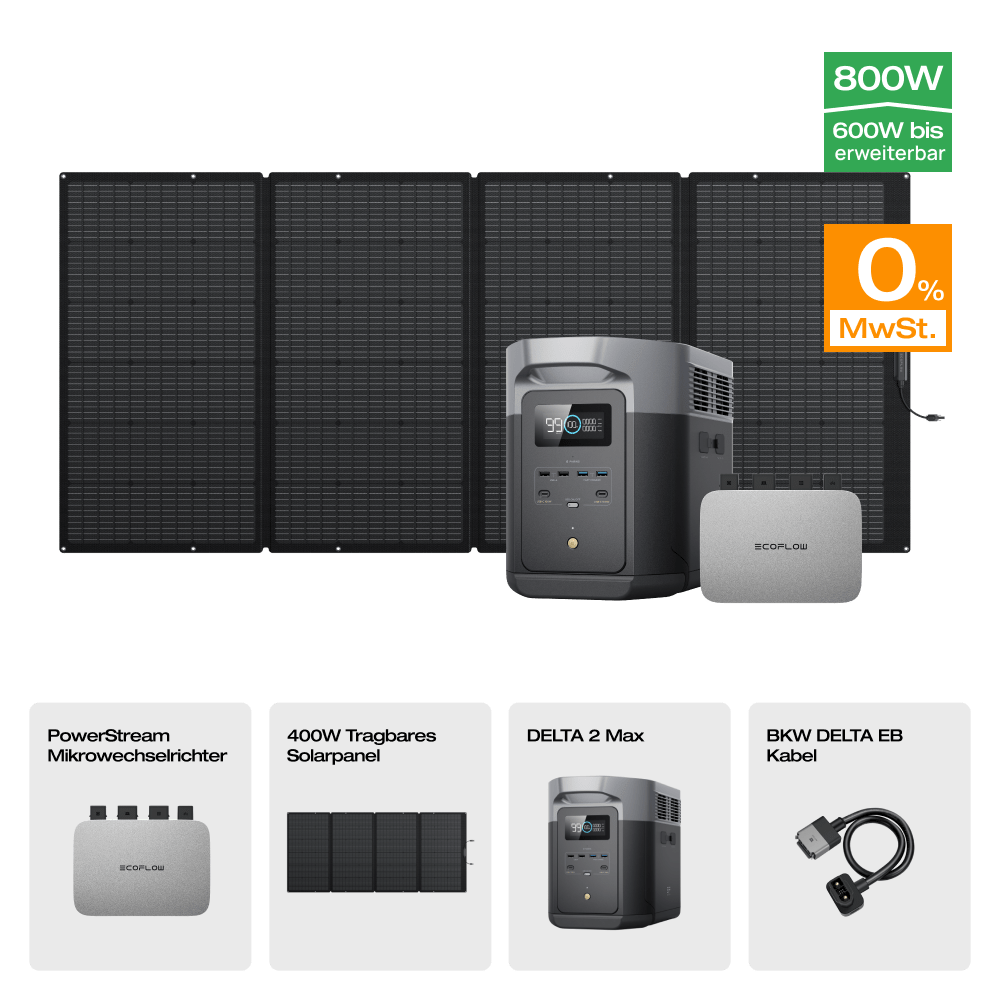 EcoFlow DELTA 2 Max Solargenerator (PV400W) PowerStream 600W + DELTA 2 Max (mit Batteriekabel) + 1 x 400W Tragbares Solarpanel / 0 % MwSt.