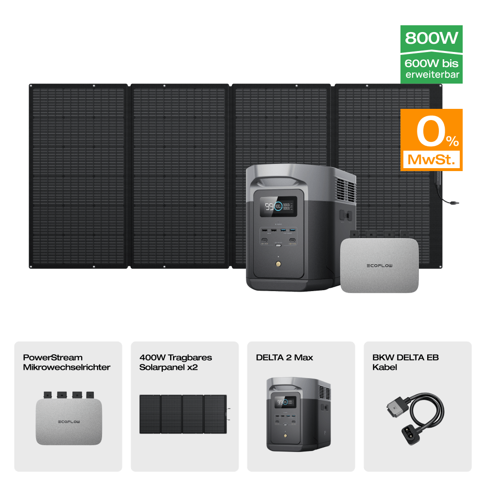 EcoFlow DELTA 2 Max Solargenerator (PV400W) PowerStream 600W + DELTA 2 Max (mit Batteriekabel) + 2 x 400W Tragbares Solarpanel x 2 / 0 % MwSt.