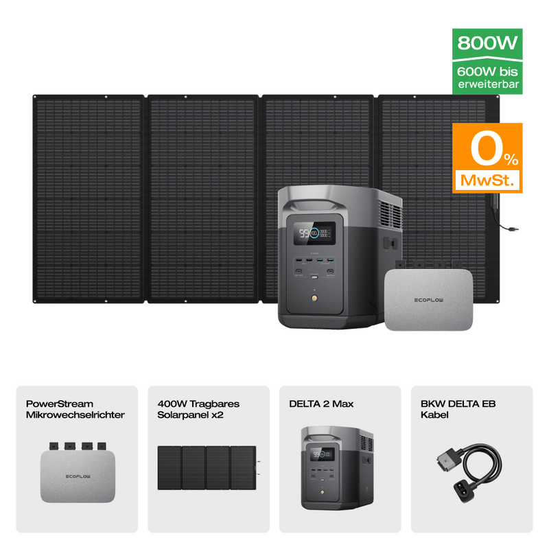 Laden Sie das Bild in Galerie -Viewer, {EcoFlow DELTA 2 Max Solargenerator (PV400W) PowerStream 600W + DELTA 2 Max (mit Batteriekabel) + 2 x 400W Tragbares Solarpanel x 2 / 0 % MwSt.
