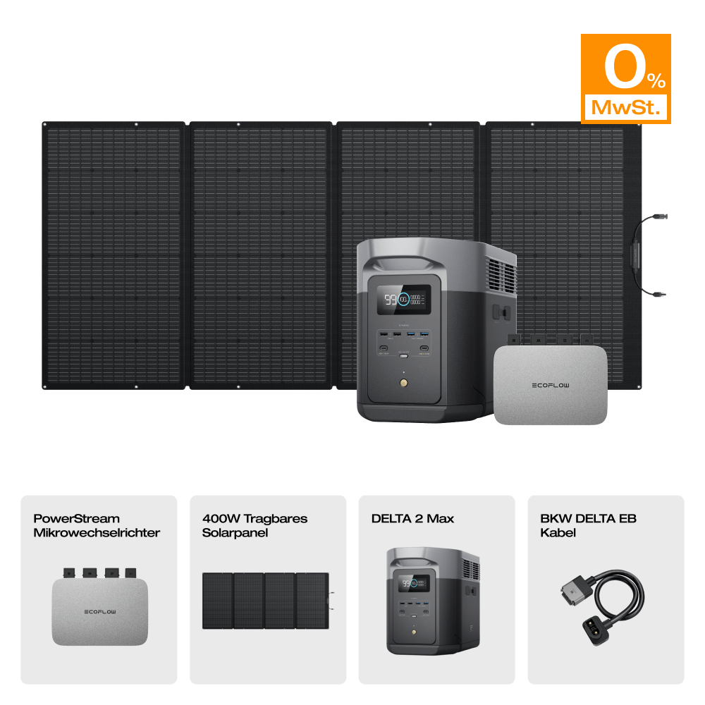 EcoFlow DELTA 2 Max Solargenerator (PV400W) PowerStream 800W + DELTA 2 Max (mit Batteriekabel) + 1 x 400W Tragbares Solarpanel / 0 % MwSt.