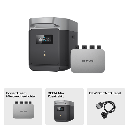 EcoFlow DELTA Max Intelligenter Zusatzakku (Empfohlenes Zubehör) 0% MwSt. (Nur Deutschland) DELTA Max Zusatzakku + PowerStream Mikrowechselrichter 800W (mit Batteriekabel)