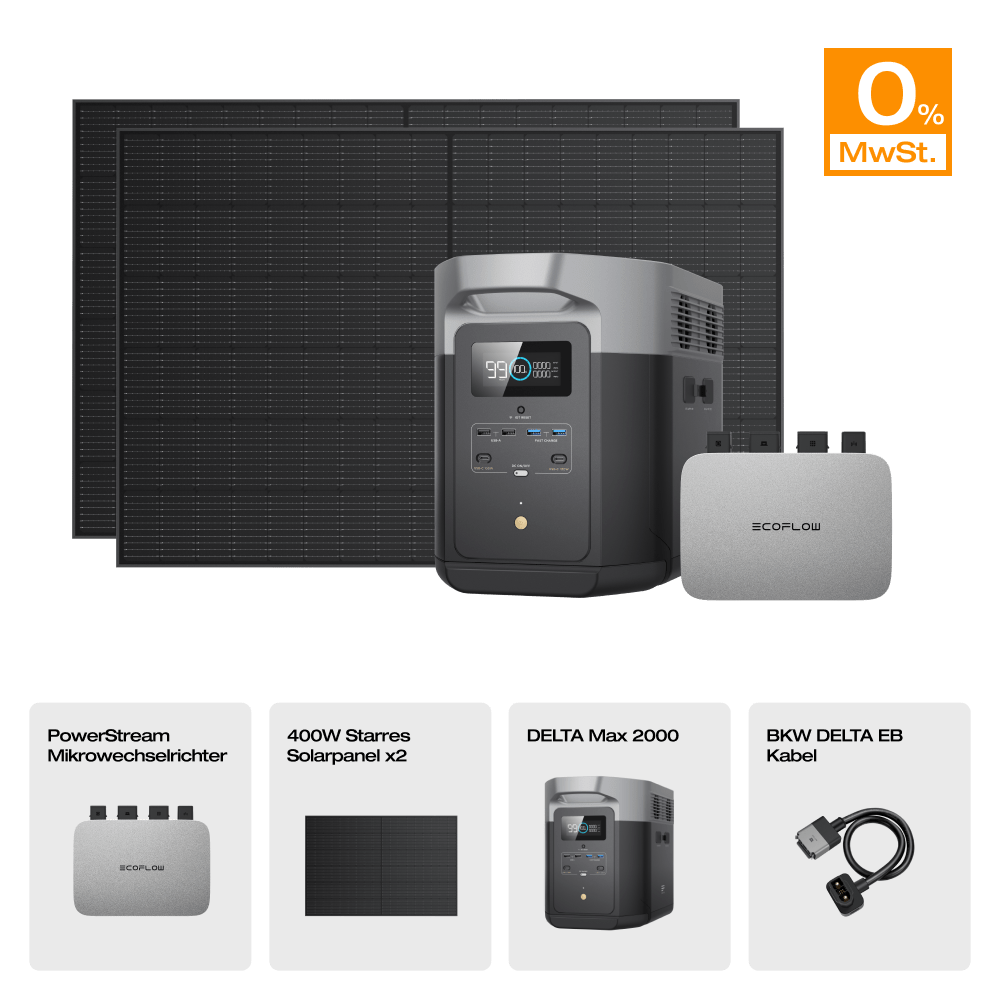 EcoFlow DELTA Max Solargenerator (Starrer PV400W*2) PowerStream 800W + DELTA Max 2000 + 400W Starres Solarpanel / 0 % MwSt.