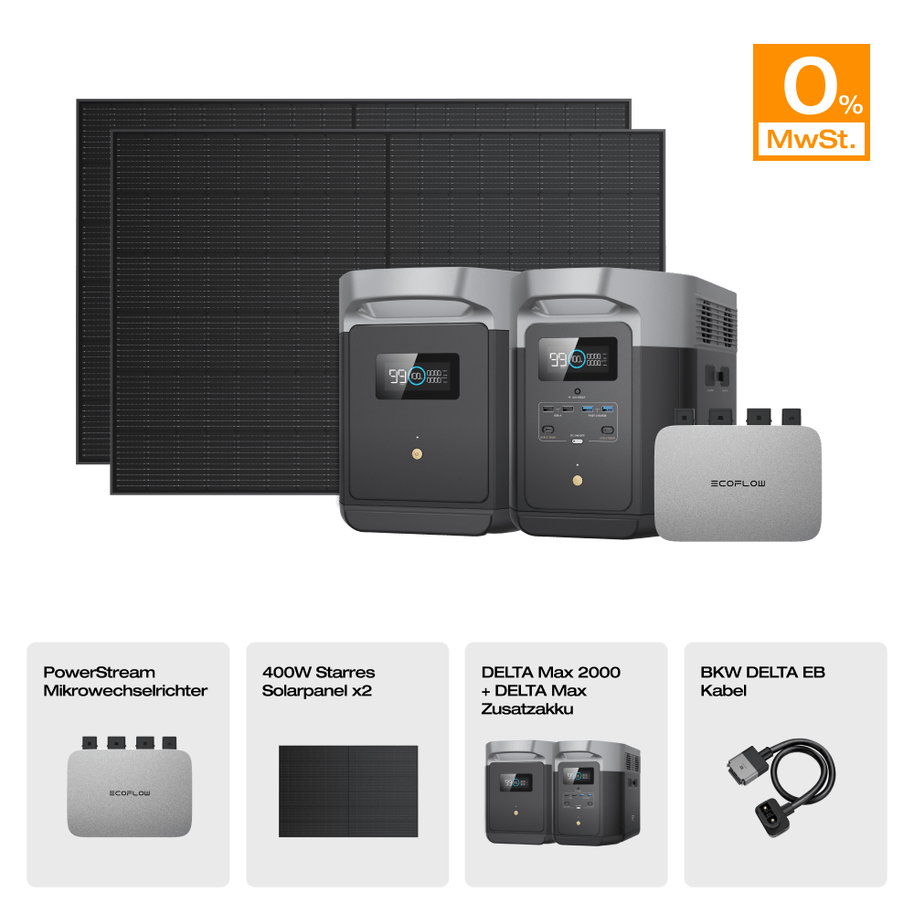 EcoFlow DELTA Max Solargenerator (Starrer PV400W*2) PowerStream 800W + DELTA Max 2000(Mit Batteriekabel) + 400W Starres Solarpanel + Zusatzakku / 0 % MwSt.