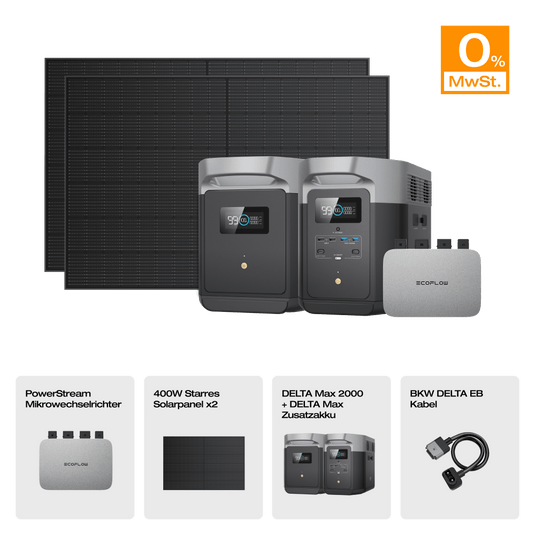 EcoFlow DELTA Max Solargenerator (Starrer PV400W*2) PowerStream 800W + DELTA Max 2000(Mit Batteriekabel) + 400W Starres Solarpanel + Zusatzakku / 0 % MwSt.