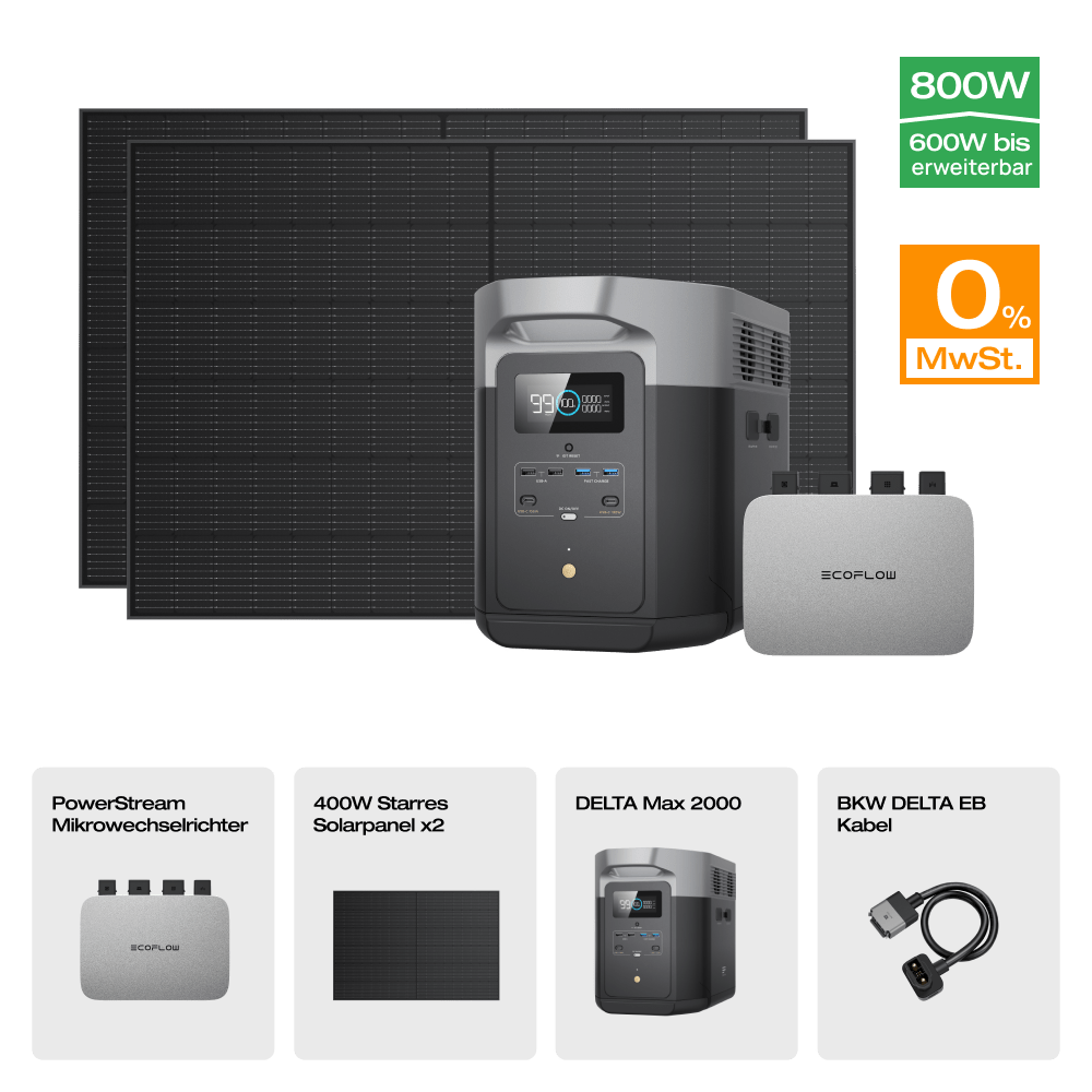 EcoFlow DELTA Max Solargenerator (Starrer PV400W*2) PowerStream 600W + DELTA Max 2000 + 400W Starres Solarpanel / 0 % MwSt.