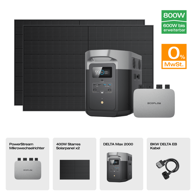 Laden Sie das Bild in Galerie -Viewer, {EcoFlow DELTA Max Solargenerator (Starrer PV400W*2) PowerStream 600W + DELTA Max 2000 + 400W Starres Solarpanel / 0 % MwSt.
