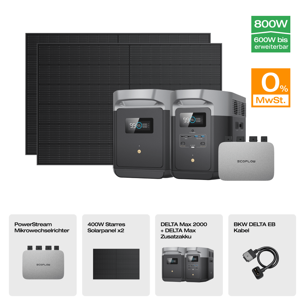 EcoFlow DELTA Max Solargenerator (Starrer PV400W*2) PowerStream 600W + DELTA Max 2000(Mit Batteriekabel) + 400W Starres Solarpanel + Zusatzakku / 0 % MwSt.