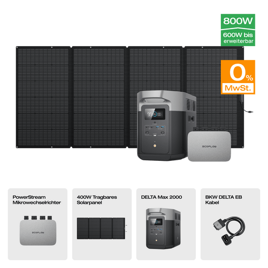 EcoFlow DELTA Max Solargenerator (Tragbarer PV400W) PowerStream 600W + DELTA Max 2000 (mit Batteriekabel) / 1 x 400W Tragbares Solarpanel / 0 % MwSt. (Nur Deutschland)