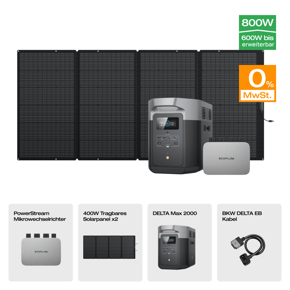 EcoFlow DELTA Max Solargenerator (Tragbarer PV400W) PowerStream 600W + DELTA Max 2000 (mit Batteriekabel) / 2 x 400W Tragbares Solarpanel / 0 % MwSt. (Nur Deutschland)