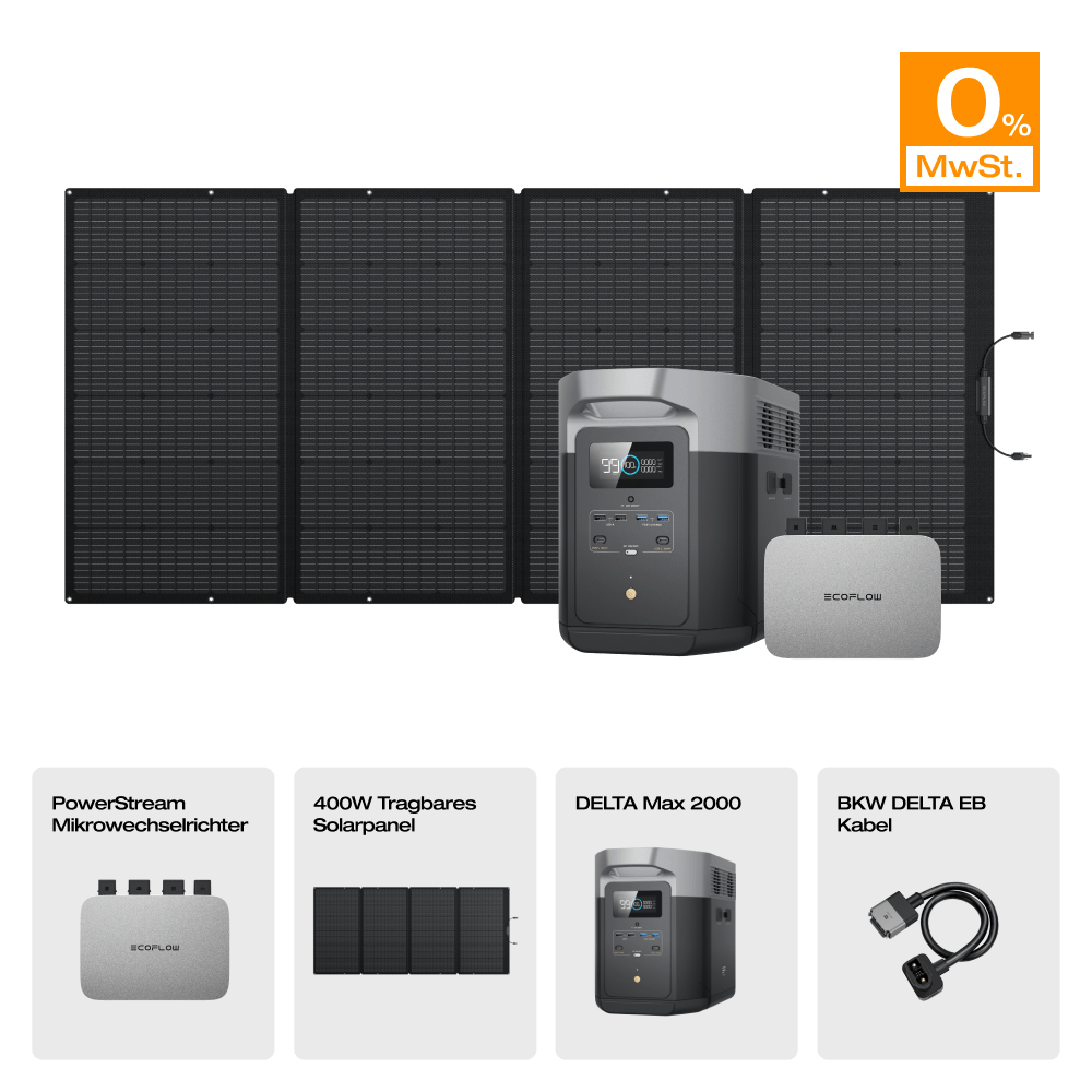 EcoFlow DELTA Max Solargenerator (Tragbarer PV400W) PowerStream 800W + DELTA Max 2000 (mit Batteriekabel) / 1 x 400W Tragbares Solarpanel / 0 % MwSt. (Nur Deutschland)