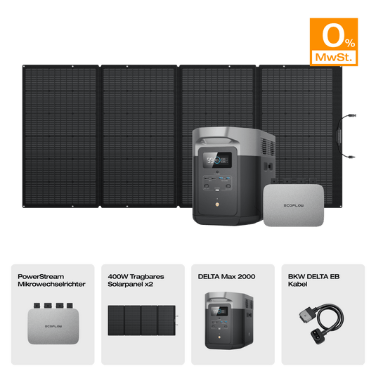 EcoFlow DELTA Max Solargenerator (Tragbarer PV400W) PowerStream 800W + DELTA Max 2000 (mit Batteriekabel) / 2 x 400W Tragbares Solarpanel / 0 % MwSt. (Nur Deutschland)