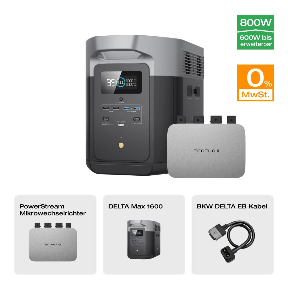 EcoFlow DELTA Max Tragbare Powerstation (Generalüberholt) 0 % MwSt. (Nur Deutschland) DELTA Max 1600 (Generalüberholt) + PowerStream Mikrowechselrichter 600W (mit Batteriekabel) (Mitgliederpreis)