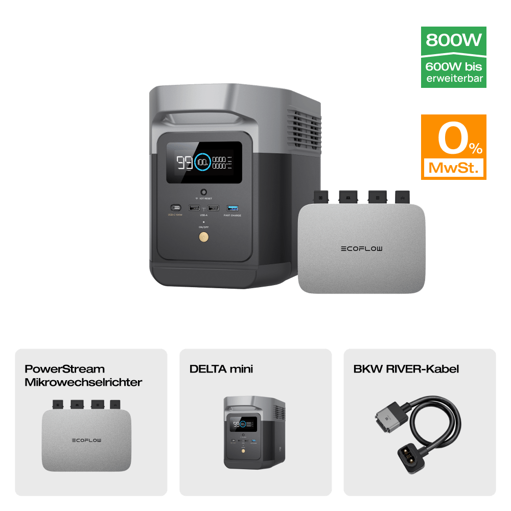 EcoFlow DELTA mini Tragbare Powerstation (Generalüberholt) 0 % MwSt. (Nur Deutschland) DELTA Mini (Generalüberholt) + PowerStream Mikrowechselrichter 600W (mit Batteriekabel) (Mitgliederpreis)