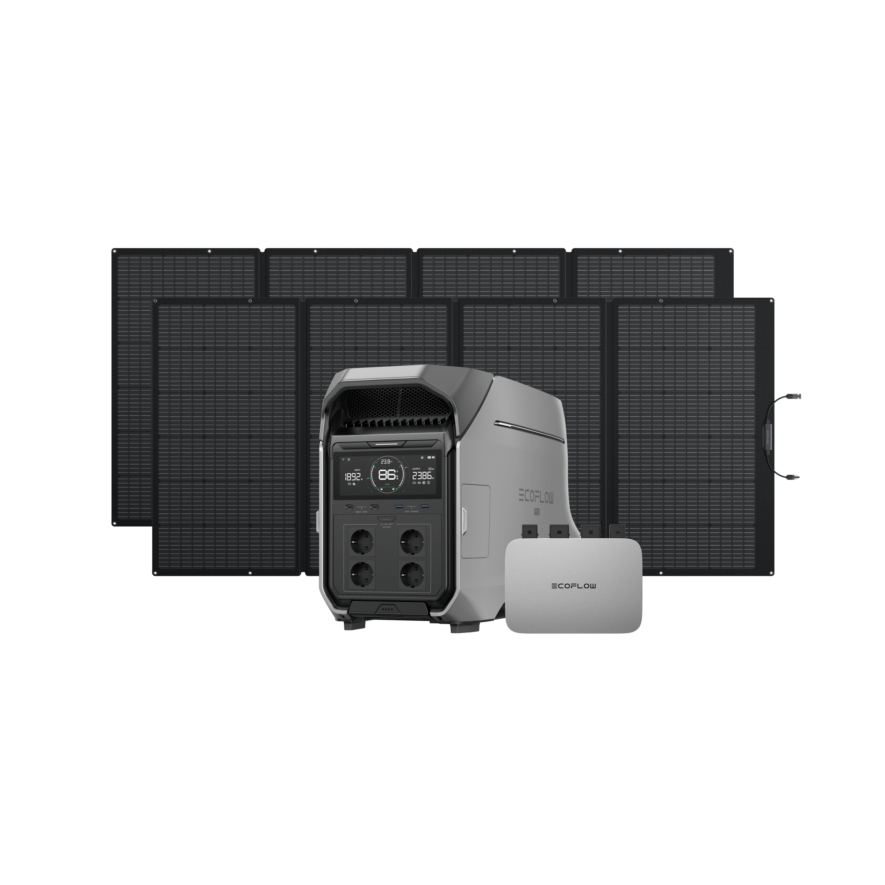 EcoFlow DELTA Pro 3 Solargenerator (Tragbar PV400W) 0 % MwSt. (Nur Deutschland) DELTA Pro 3 + 2 × 400 W Tragbares Solarpanel + PowerStream Mikro-Wechselrichter 800 W (mit Batteriekabel)