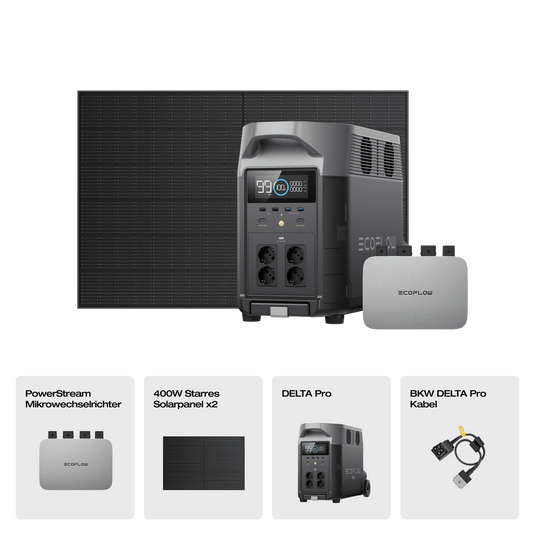 EcoFlow DELTA Pro Solargenerator (Starrer PV400W) PowerStream 600W + DELTA Pro (mit Batteriekabel) + 2 x 400W Starres Solarpanel / Ohne Zusatzakku / 19 % MwSt.