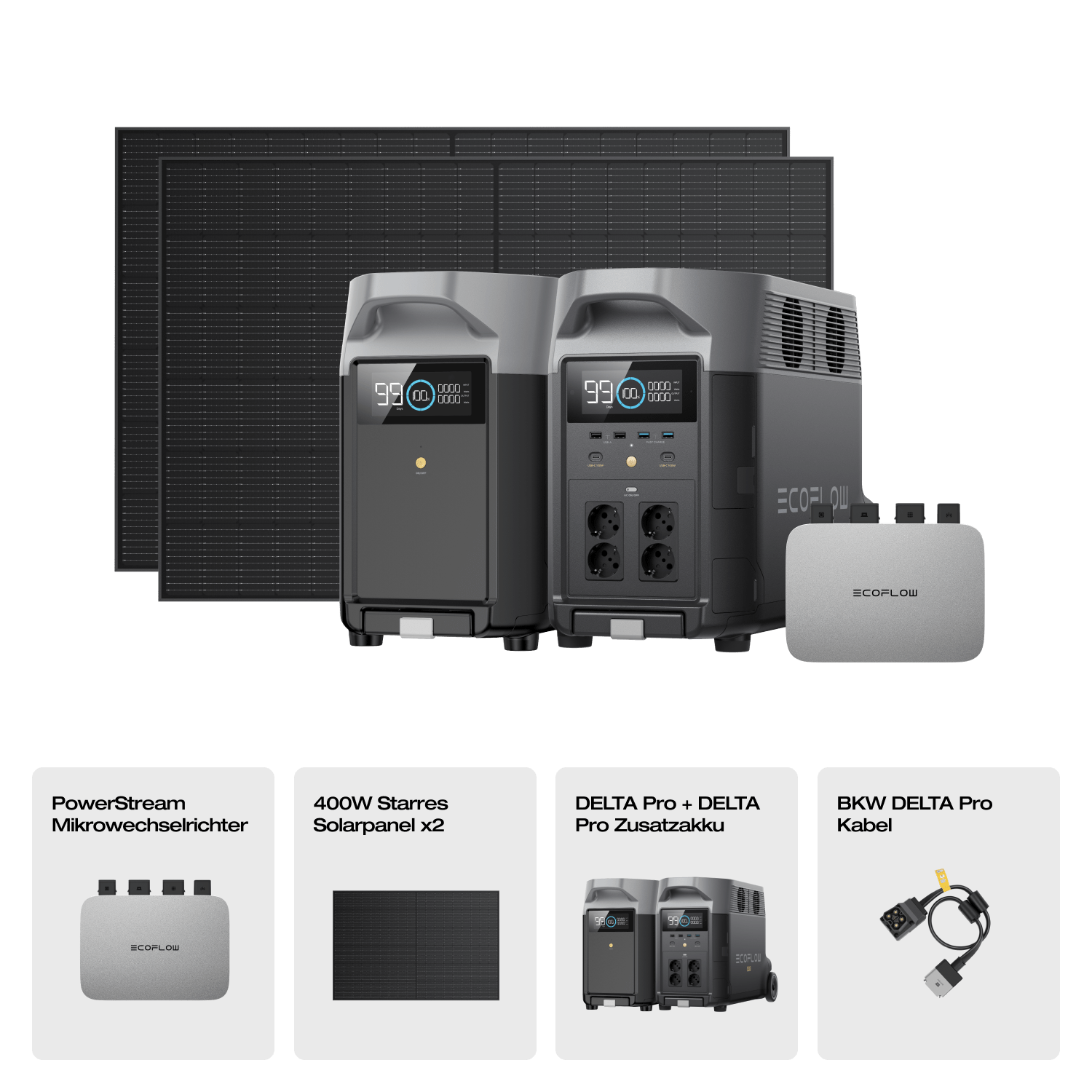 EcoFlow DELTA Pro Solargenerator (Starrer PV400W) PowerStream 600W + DELTA Pro (mit Batteriekabel) + 2 x 400W Starres Solarpanel / Mit Zusatzakku / 19 % MwSt.