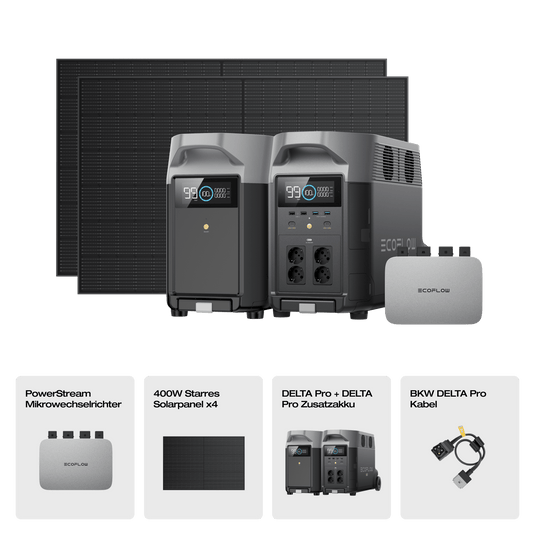 EcoFlow DELTA Pro Solargenerator (Starrer PV400W) PowerStream 600W + DELTA Pro (mit Batteriekabel) + 4 x 400W starres Solarpanel / Mit Zusatzakku / 19 % MwSt.