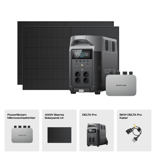 EcoFlow DELTA Pro Solargenerator (Starrer PV400W) PowerStream 600W + DELTA Pro (mit Batteriekabel) + 4 x 400W starres Solarpanel / Ohne Zusatzakku / 19 % MwSt.