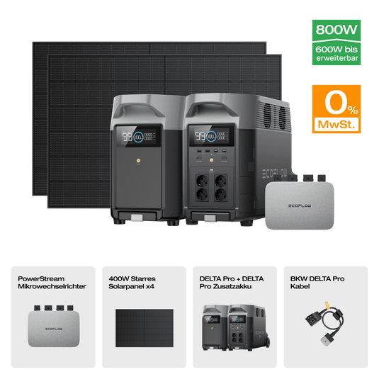 EcoFlow DELTA Pro Solargenerator (Starrer PV400W) PowerStream 600W + DELTA Pro (mit Batteriekabel) + 4 x 400W starres Solarpanel / Mit Zusatzakku / 0 % MwSt.