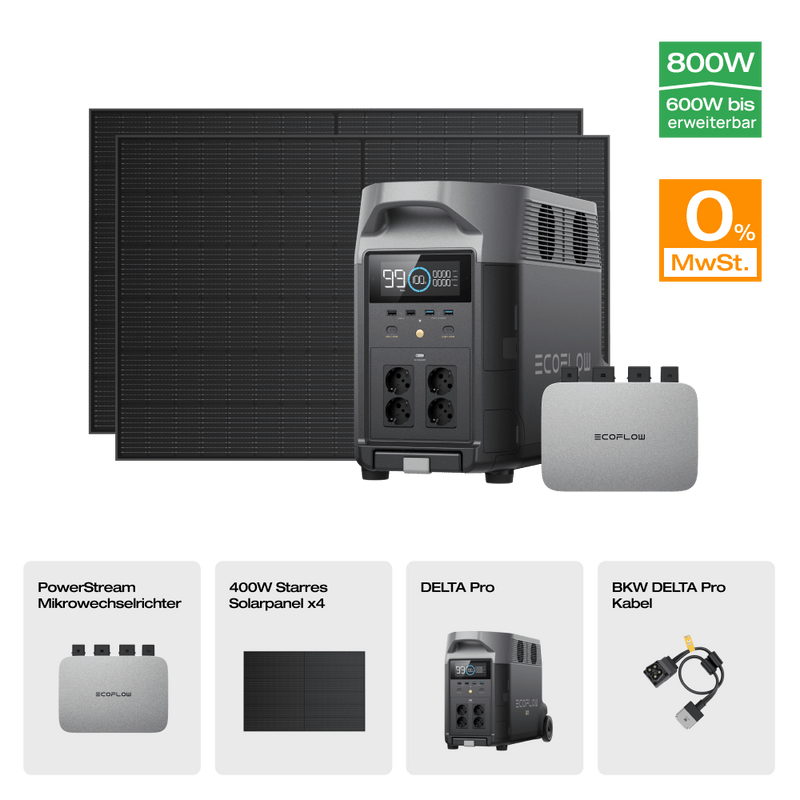 Laden Sie das Bild in Galerie -Viewer, {EcoFlow DELTA Pro Solargenerator (Starrer PV400W) PowerStream 600W + DELTA Pro (mit Batteriekabel) + 4 x 400W starres Solarpanel / Ohne Zusatzakku / 0 % MwSt.
