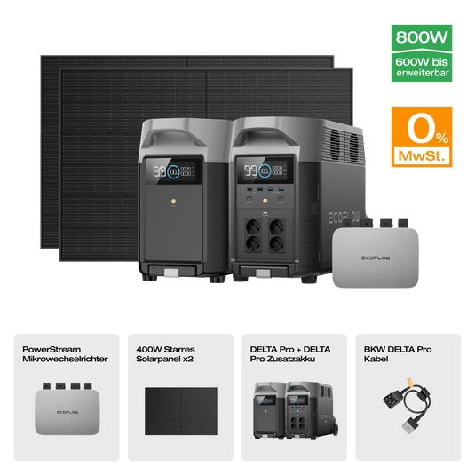 EcoFlow DELTA Pro Solargenerator (Starrer PV400W) PowerStream 600W + DELTA Pro (mit Batteriekabel) + 2 x 400W Starres Solarpanel / Mit Zusatzakku / 0 % MwSt.
