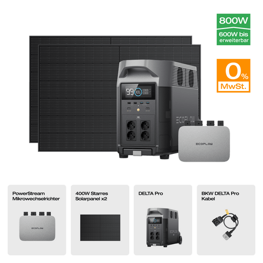 EcoFlow DELTA Pro Solargenerator (Starrer PV400W) PowerStream 600W + DELTA Pro (mit Batteriekabel) + 2 x 400W Starres Solarpanel / Ohne Zusatzakku / 0 % MwSt.