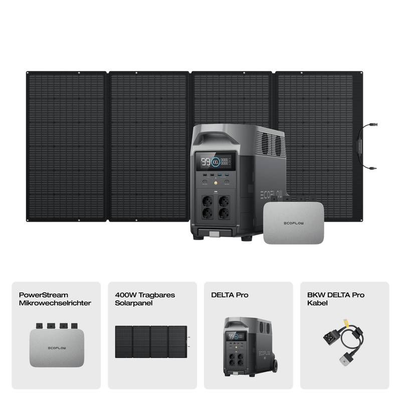 Laden Sie das Bild in Galerie -Viewer, {EcoFlow DELTA Pro Solargenerator (Tragbarer PV400W) PowerStream 600W + DELTA Pro (mit Batteriekabel) / 1 x 400W Tragbares Solarpanel / 19 % MwSt.
