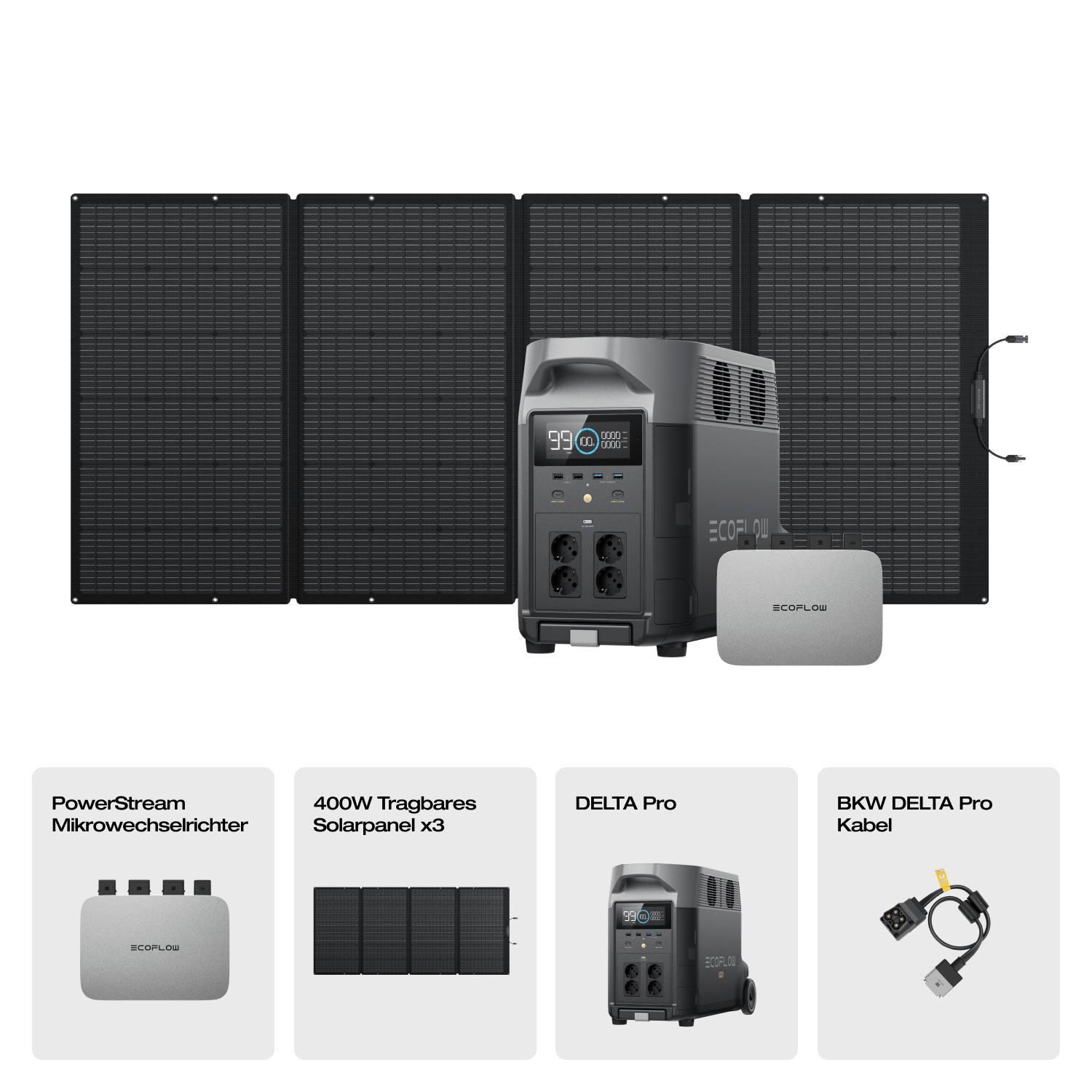 EcoFlow DELTA Pro Solargenerator (Tragbarer PV400W) PowerStream 600W + DELTA Pro (mit Batteriekabel) / 3 x 400W Tragbares Solarpanel / 19 % MwSt.