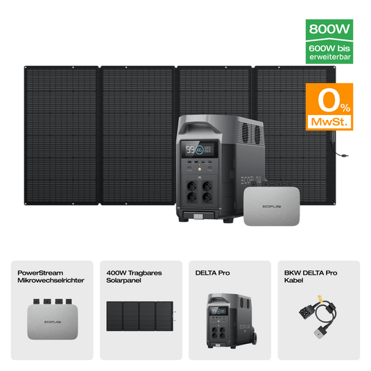EcoFlow DELTA Pro Solargenerator (Tragbarer PV400W) PowerStream 600W + DELTA Pro (mit Batteriekabel) / 1 x 400W Tragbares Solarpanel / 0 % MwSt.