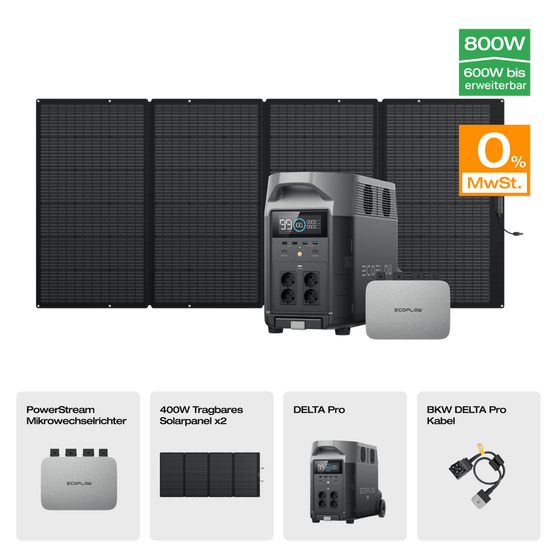 Laden Sie das Bild in Galerie -Viewer, {EcoFlow DELTA Pro Solargenerator (Tragbarer PV400W) PowerStream 600W + DELTA Pro (mit Batteriekabel) / 2 x 400W Tragbares Solarpanel / 0 % MwSt.
