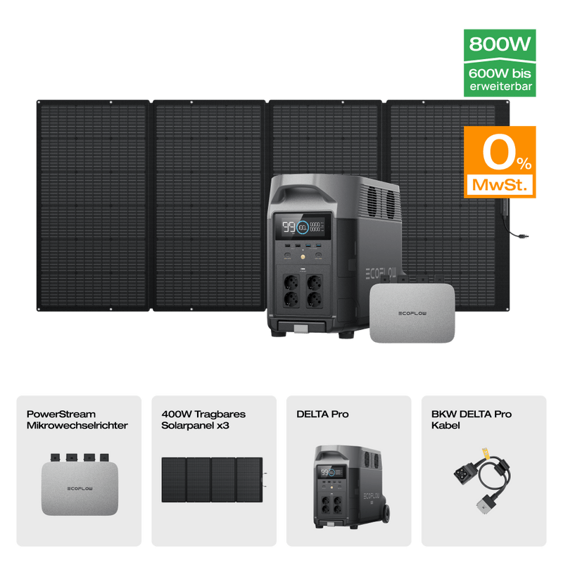 Laden Sie das Bild in Galerie -Viewer, {EcoFlow DELTA Pro Solargenerator (Tragbarer PV400W) PowerStream 600W + DELTA Pro (mit Batteriekabel) / 3 x 400W Tragbares Solarpanel / 0 % MwSt.
