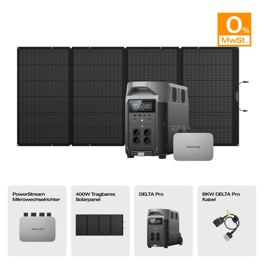 EcoFlow DELTA Pro Solargenerator (Tragbarer PV400W) PowerStream 800W + DELTA Pro (mit Batteriekabel) / 1 x 400W Tragbares Solarpanel / 0 % MwSt.