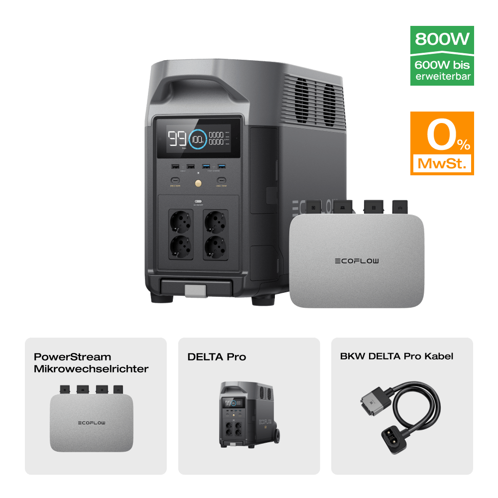 EcoFlow DELTA Pro Tragbare Powerstation (Generalüberholt) 0 % MwSt. (Nur Deutschland) DELTA Pro (Generalüberholt) + PowerStream Mikrowechselrichter 600W (mit Batteriekabel) (Mitgliederpreis)