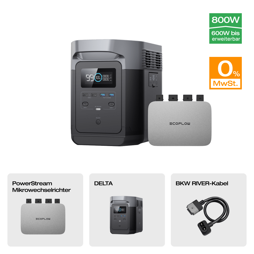 EcoFlow DELTA Tragbare Powerstation (Generalüberholt) 0 % MwSt. (Nur Deutschland) DELTA + PowerStream 600W (mit Batteriekabel) (Mitgliederpreis)