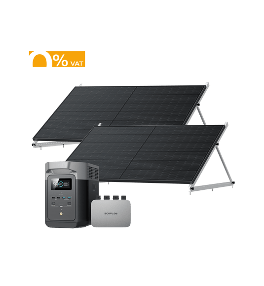 EcoFlow PowerStream Balkonkraftwerk 600W/800W für Wand 600W + 2 x 400W Starres Solarpanel (mit 4 x Montagefüße) + DELTA 2 (1kwh) / 2 x 50" Kipphalterung / 0 % MwSt.