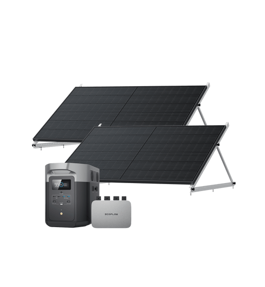 EcoFlow PowerStream Balkonkraftwerk 600W/800W für Wand 600W + 2 x 400W Starres Solarpanel (mit 4 x Montagefüße) + DELTA Max 2000 (2kwh) mit Batteriekabel / 2 x 50" Kipphalterung / 0 % MwSt. (Nur Deutschland)