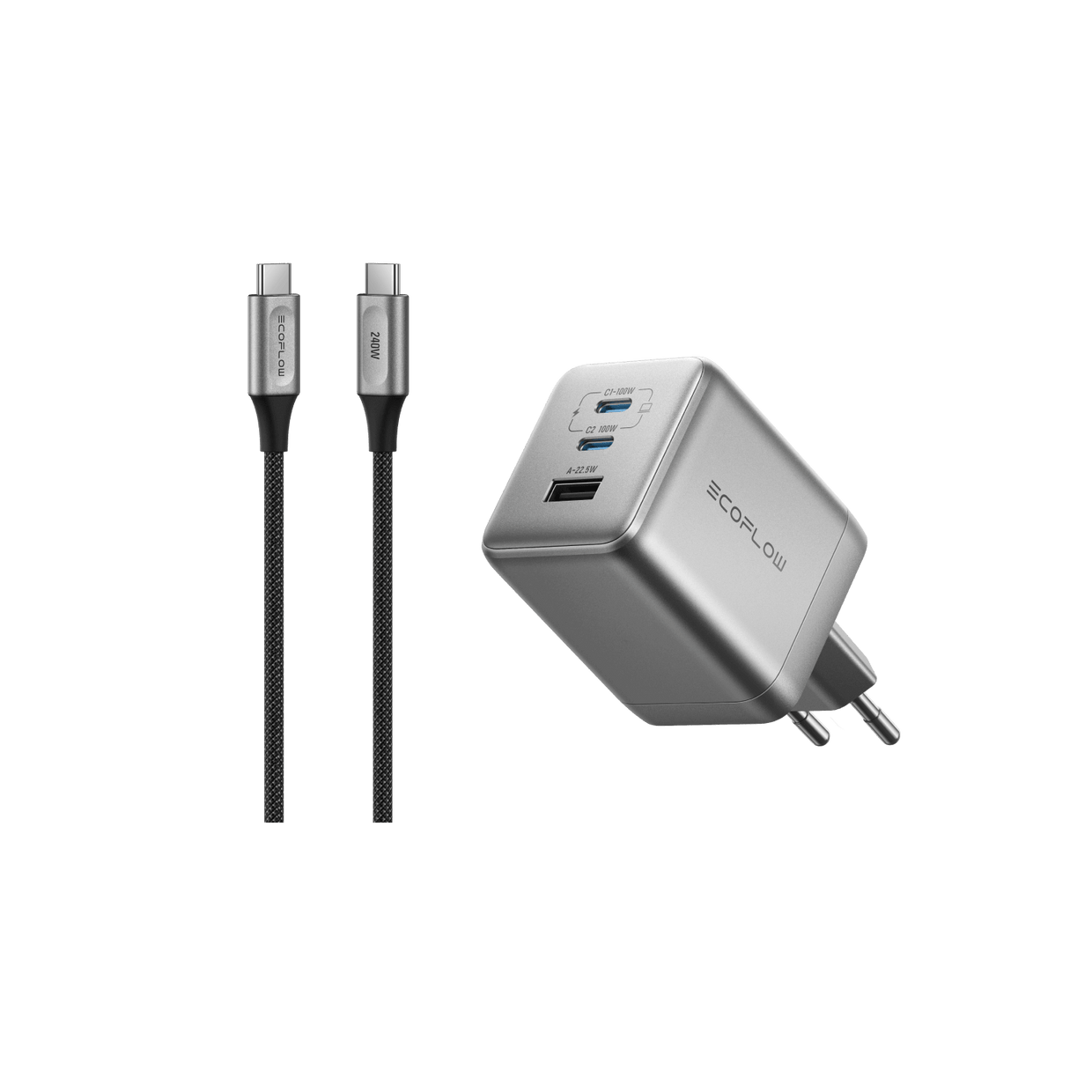 EcoFlow RAPID Pro Ladegerät (100W, 3 Ports, GaN) RAPID Pro 100W Charger + 240W USB-C to USB-C Nylon Cable