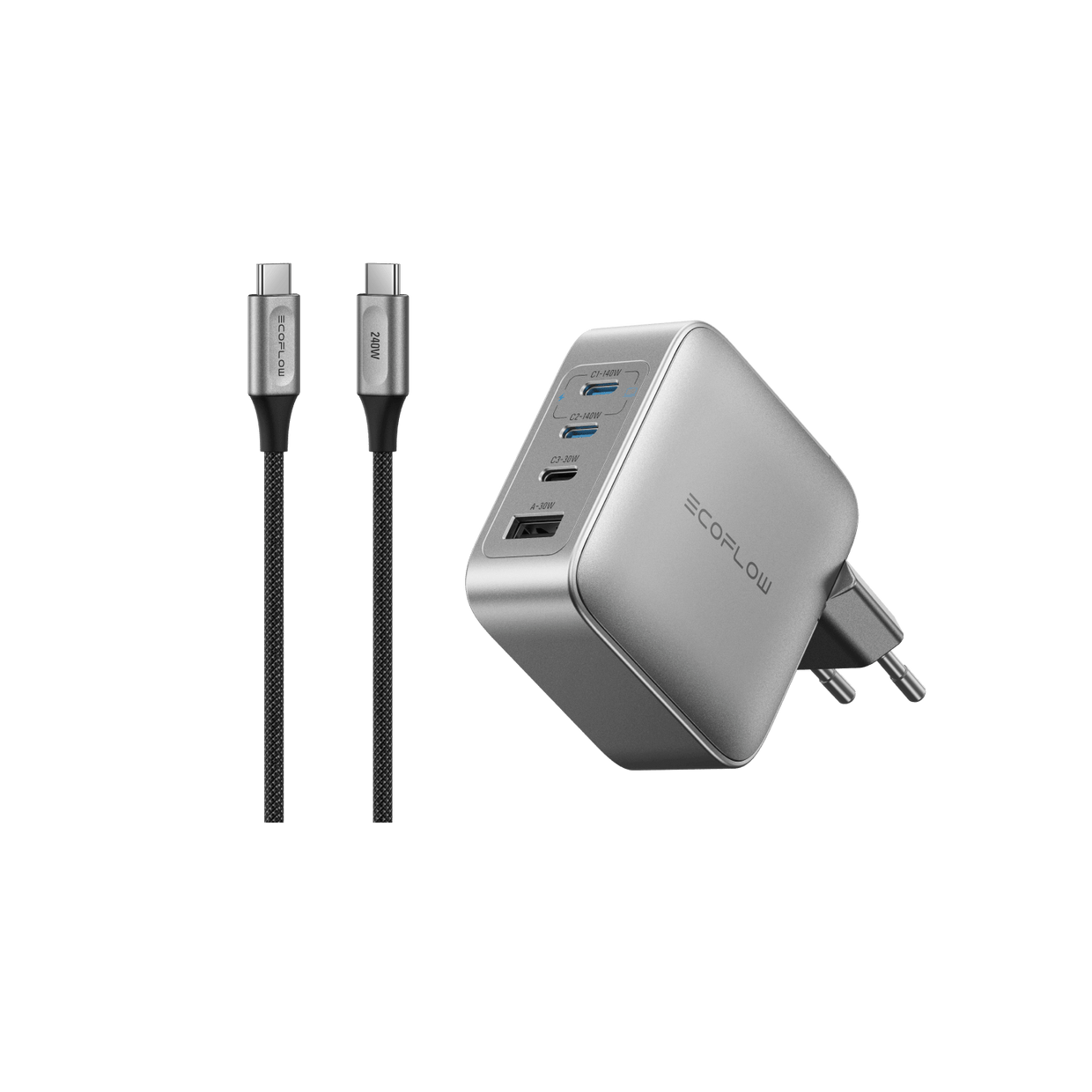 EcoFlow RAPID Pro Ladegerät (140W, 4 Ports, GaN) RAPID Pro 140W Charger + 240W USB-C to USB-C Nylon Cable